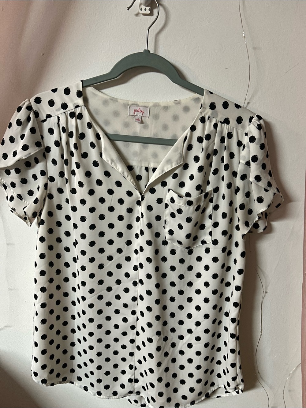 Pixley White Black Polka Dot Short Sleeve Blouse Size Medium Career Office Top - Picture 1 of 3